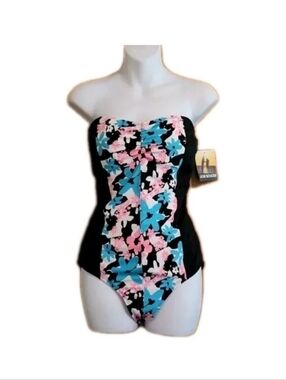 NWT Womens Joe Boxer 1pc Bandeau Black/Pink Floral Swimsuit Size Junior Large